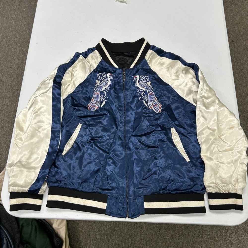Zara Souvenir Jacket womans S Blue Reversible Peacock Embroidered Sukajan